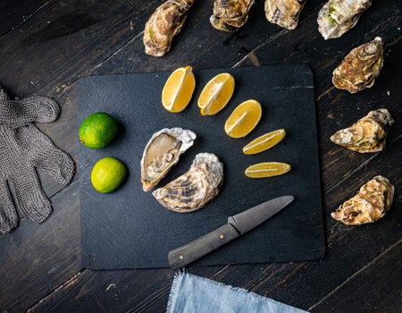 Fresh oysters on a black stone background. Top view. Oyster dinner in restaurant. Dark background. Seafood, Gourmet food. Oyster glove, oyster opening knifeの写真素材