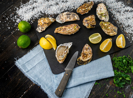 Fresh oysters on a black stone background. Top view. Oyster dinner in restaurant. Dark background. Seafood, Gourmet food. Oyster glove, oyster opening knifeの写真素材