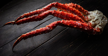 Fresh red king crab crab claws on vintage wooden background. Tasty kamchatka crabs clawの写真素材