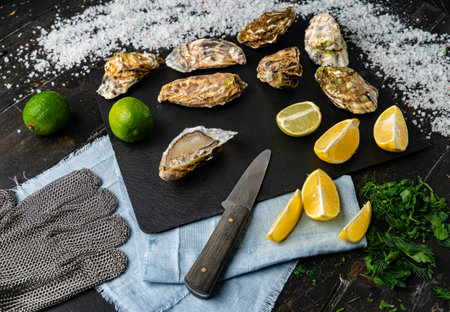 Fresh oysters on a black stone background. Top view. Oyster dinner in restaurant. Dark background. Seafood, Gourmet food. Oyster glove, oyster opening knifeの写真素材