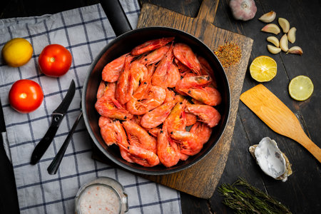 Raw Northern shrimps or prawns with vegetables in a frying pan . Top viewの写真素材