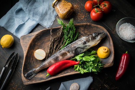 Mackerel icefish with ingredients for cooking in a wooden bowlの写真素材