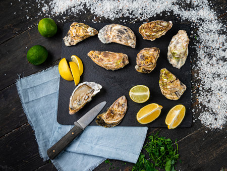 Fresh oysters on a black stone background. Top view. Oyster dinner in restaurant. Dark background. Seafood, Gourmet food. Oyster glove, oyster opening knifeの写真素材
