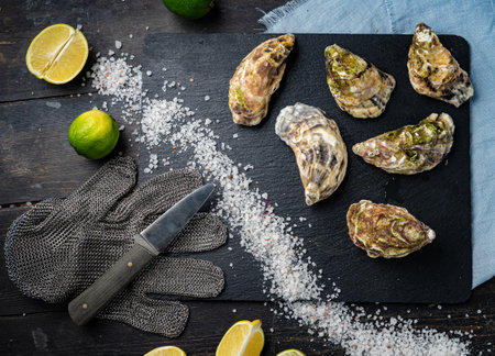 Fresh oysters on a black stone background. Top view. Oyster dinner in restaurant. Dark background. Seafood, Gourmet food. Oyster glove, oyster opening knifeの写真素材