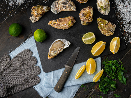 Fresh oysters on a black stone background. Top view. Oyster dinner in restaurant. Dark background. Seafood, Gourmet food. Oyster glove, oyster opening knifeの写真素材
