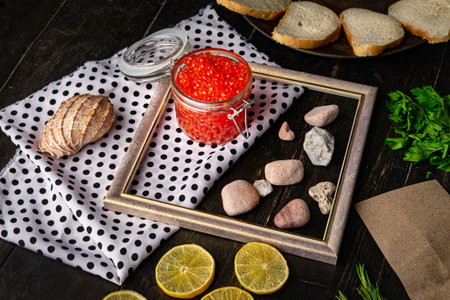 Chum salmon caviar in a glass bowl . Seafood, delicacies, healthy nutrition.の写真素材