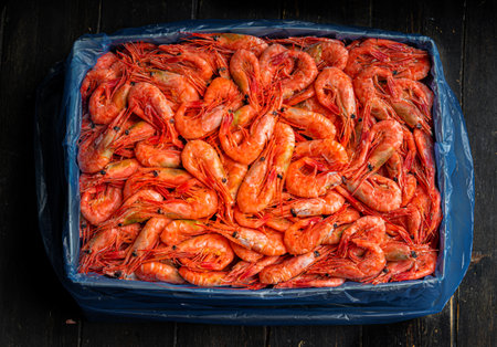 Lots of frozen prawns in a box. Seafood healthy.の写真素材