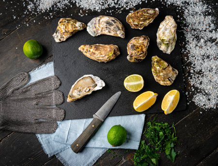 Fresh oysters on a black stone background. Top view. Oyster dinner in restaurant. Dark background. Seafood, Gourmet food. Oyster glove, oyster opening knifeの写真素材