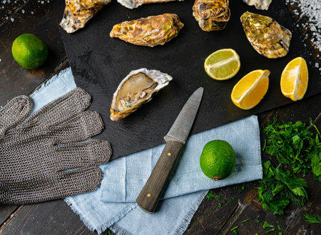 Fresh oysters on a black stone background. Top view. Oyster dinner in restaurant. Dark background. Seafood, Gourmet food. Oyster glove, oyster opening knifeの写真素材