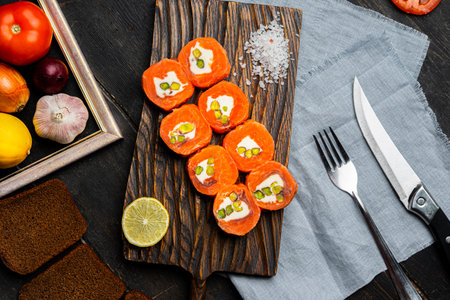 Salmon rolls with cream cheese and pistachios on a wooden cutting board. Luxury catering. Top view.の写真素材