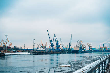 View on the sea port with gantry cranes. Cranes in cargo port of St. Petersburg in winter timeの写真素材