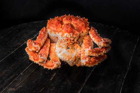 Tasty king kamchatka crab on wood board at brown backgroundの写真素材