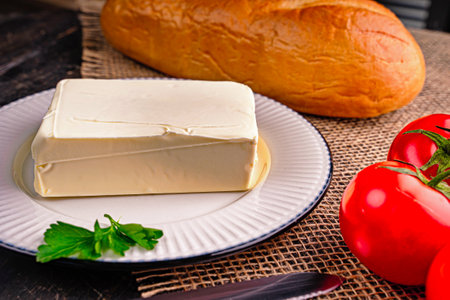 Fresh tasty butter on a kitchen table. A piece of butter on a white plate.の写真素材