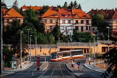 Prague, Czech: 02 July 2018: Skoda city tram. Modern public transportation of Prague.のeditorial素材