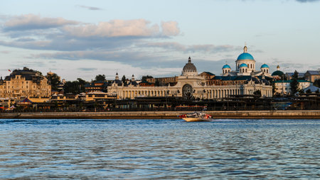 The embankment of the Kazanka River with the Palace of Farmersの写真素材