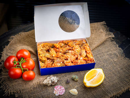Fresh Greenland prawns in a box. A tasty delicacy.の写真素材