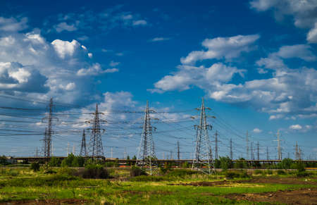 High voltage electric pylon and electrical wire . High voltage grid tower.の写真素材