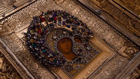 Kazan, Russia, 17 July 2021. icon of Mother-of-God of Kazan. Jewellery with precious stones.