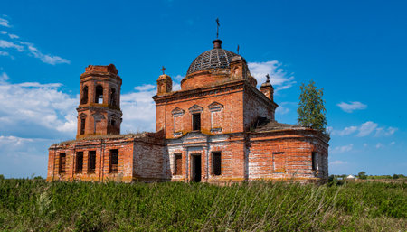 A church in the midst of dense grass. An abandoned church in Tatarstan, Russia.の素材 [FY310174180116]