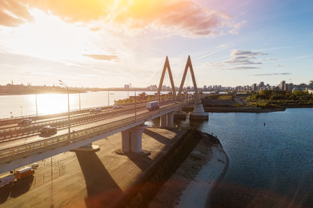 A top view of the Millennium Bridge in Kazan. . Cable-stayed bridge across the river.の写真素材