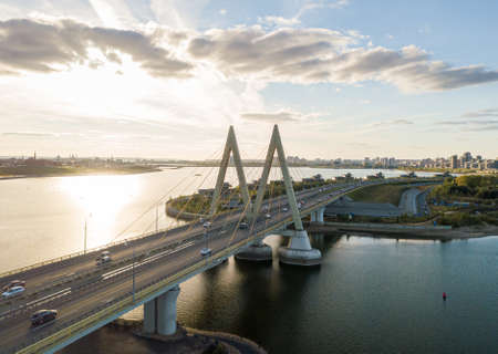 A top view of the Millennium Bridge in Kazan. . Cable-stayed bridge across the river.の写真素材