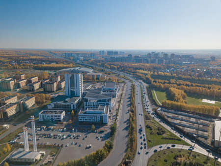 Top up aerial drone view of road and traffic in Kazan city during sunny day.の写真素材