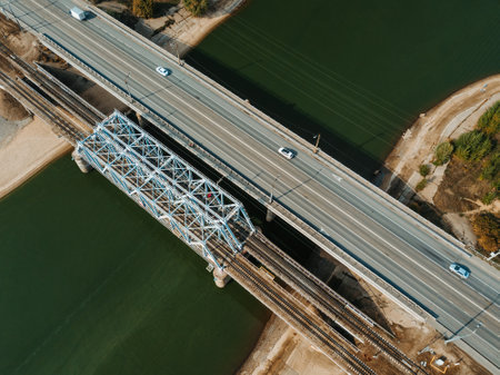Railroad bridge and road bridge in parallel. Top viewの写真素材