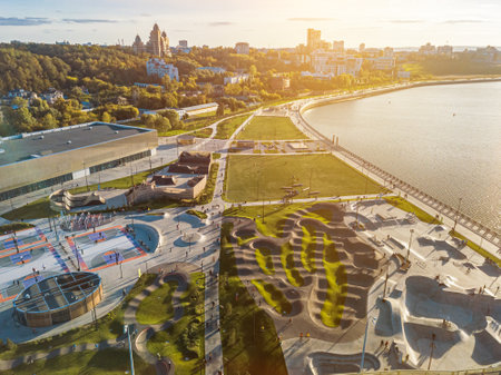 A new skate park in Kazan. Extreme park for entertainment. View from aboveの写真素材