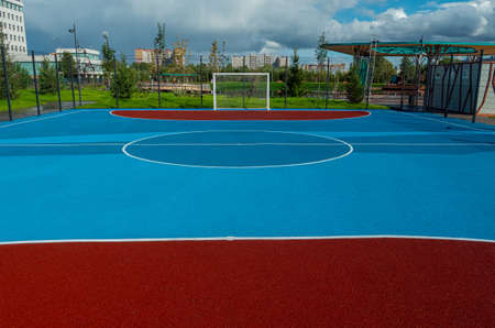 New football pitch with artificial turf. Empty football goals. A new city park in Kazan.の写真素材