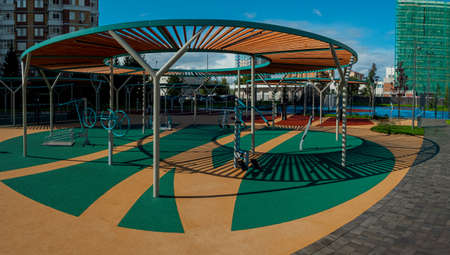 Exercise equipment for physical therapy on the site in front of the hospital. Physical activities for disabled peopleの写真素材