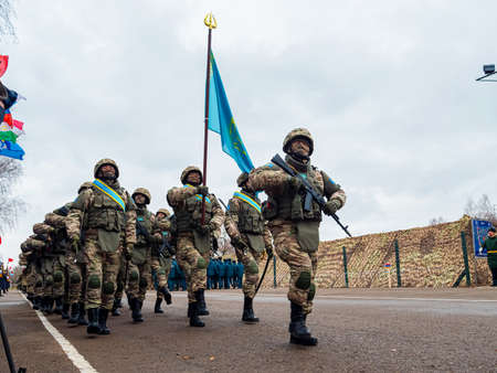 Kazan, Russia. 08 November 2021. Soldiers of the Armed Forces of Kazakhstan. Flag of Kazakhstan.のeditorial素材