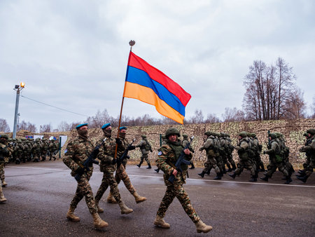 Kazan, Russia. 08 November 2021. Soldiers of the Armed Forces of Armenia. Flag of Armenia.のeditorial素材