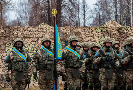 Kazan, Russia. 08 November 2021. Soldiers of the Armed Forces of Kazakhstan. Flag of Kazakhstan.のeditorial素材