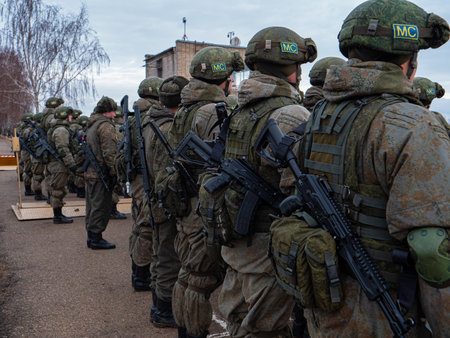 Kazan, Russia. 08 November 2021. A line of peacekeeping soldiers. Patrolling the area near the checkpoint.のeditorial素材