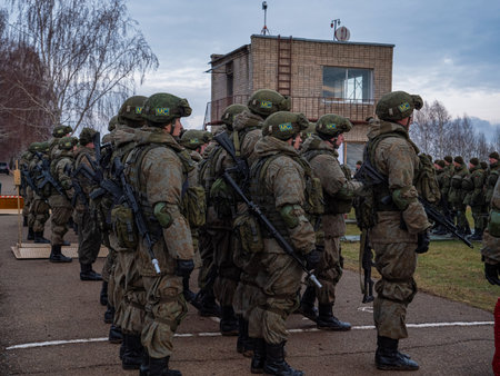 Kazan, Russia. 08 November 2021. A line of peacekeeping soldiers. Patrolling the area near the checkpoint.のeditorial素材