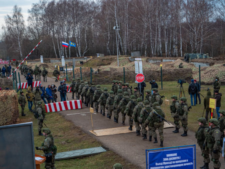 Kazan, Russia. 08 November 2021. Security Checkpoint of peacekeeping forces. Soldiers are leaving behind the barrierのeditorial素材