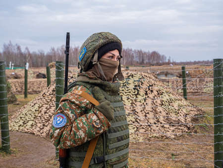 Kazan, Russia. 08 November 2021. A female soldier in the Armenian armed forces. Military uniformのeditorial素材