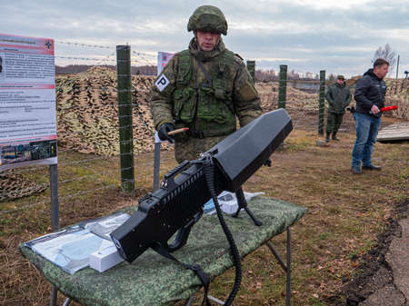 Kazan, Russia. 08 November 2021. A Russian soldier with a hand-held GARPUN drone countermeasures...