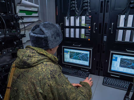 Kazan, Russia. 08 November 2021. Soldiers in the command post. Soldiers observe the situation around the checkpointのeditorial素材