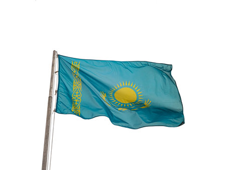 Kazakhstan flag waving on white background, close up.の写真素材