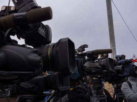 Kazan, Russia. 08 November 2021. Television operators. Group of video operators with professional photo camerasのeditorial素材