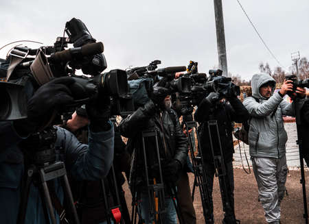 Kazan, Russia. 08 November 2021. Television operators. Group of video operators with professional photo camerasのeditorial素材