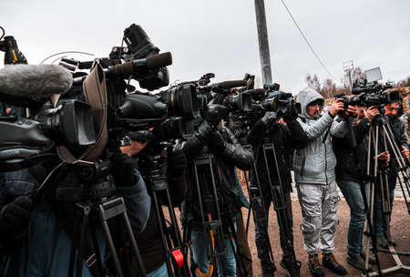 Kazan, Russia. 08 November 2021. Television operators. Group of video operators with professional photo camerasのeditorial素材