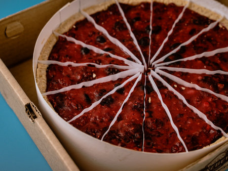 Fresh wild berry cheesecake in opened paper box, close up.の写真素材