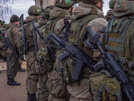 Kazan, Russia. 08 November 2021. Soldiers of the Armenian army in the ranks. Full combat gear.のeditorial素材
