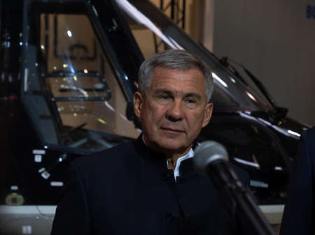 Kazan, Russia. 12 November 2021. President of the Republic of Tatarstan Rustam Minnikhanov. Helicopter plant in Kazan.のeditorial素材
