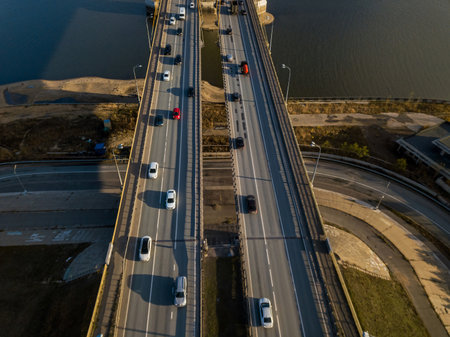 Two routes of elevated highway. Aerial drone photo of highway with cars. Top view of trafficの写真素材
