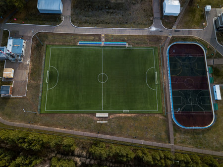 Football field at the country club. Aerial view. Drone view. Playing football in the countryside.の写真素材
