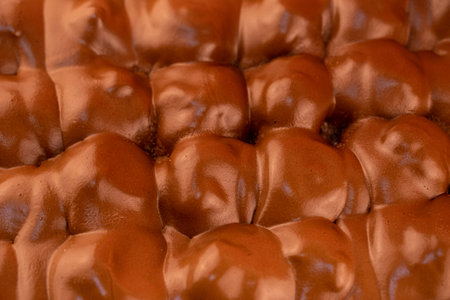 The texture of chocolate profiteroles. Close-up of a profiterole. chocolate coating.の写真素材