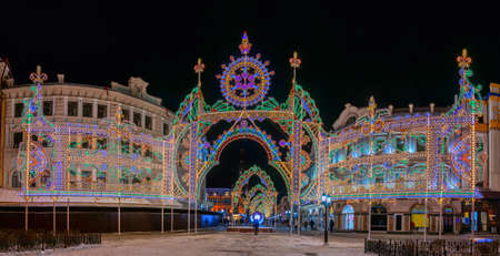 New Year decorations on city streets. Bauman pedestrian street in Kazan. The winter festive city. Illuminated arches.の写真素材